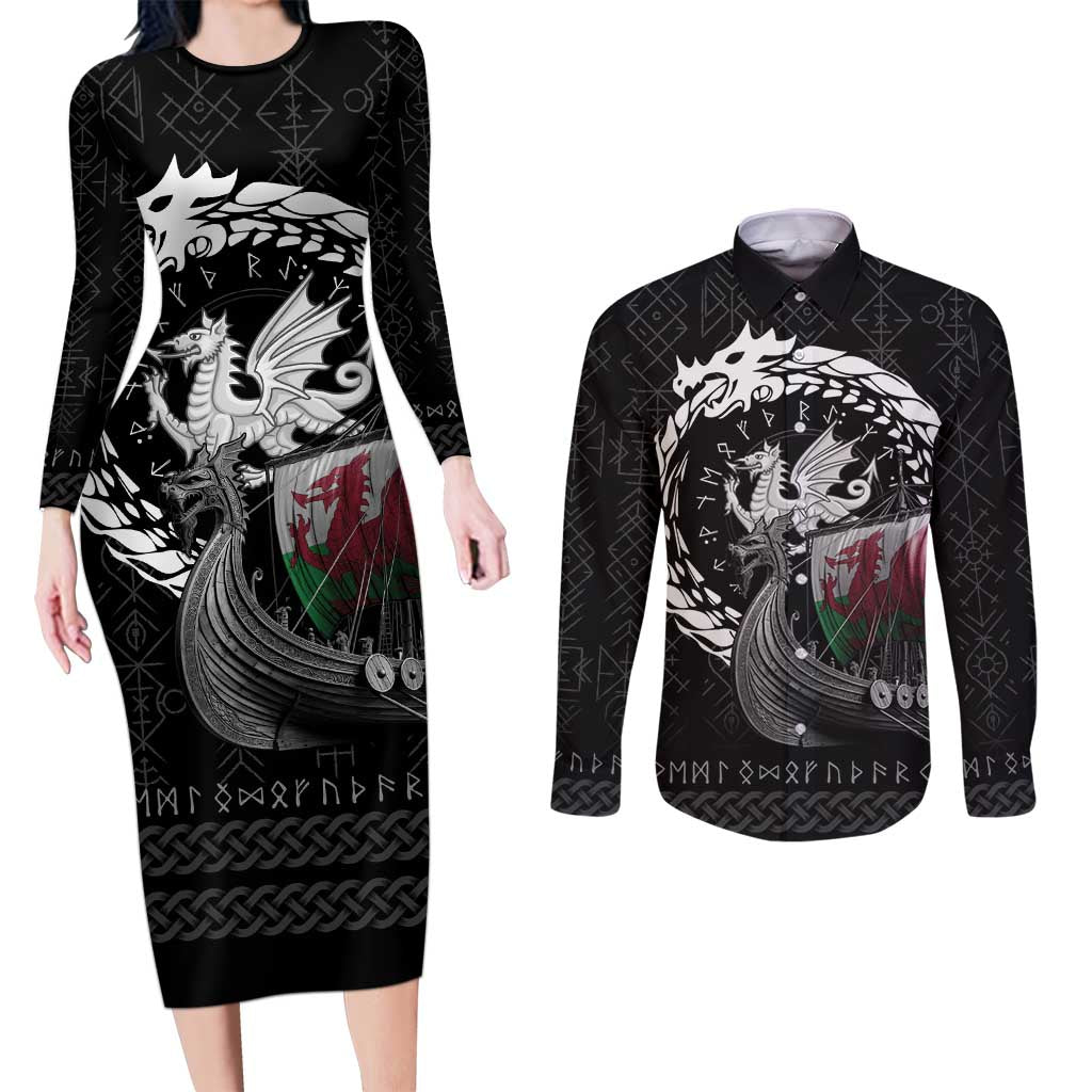 Wales Viking Drakkar Couples Matching Long Sleeve Bodycon Dress and Long Sleeve Button Shirt Viking Blood - Wonder Print Shop
