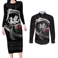 Wales Viking Drakkar Couples Matching Long Sleeve Bodycon Dress and Long Sleeve Button Shirt Viking Blood - Wonder Print Shop