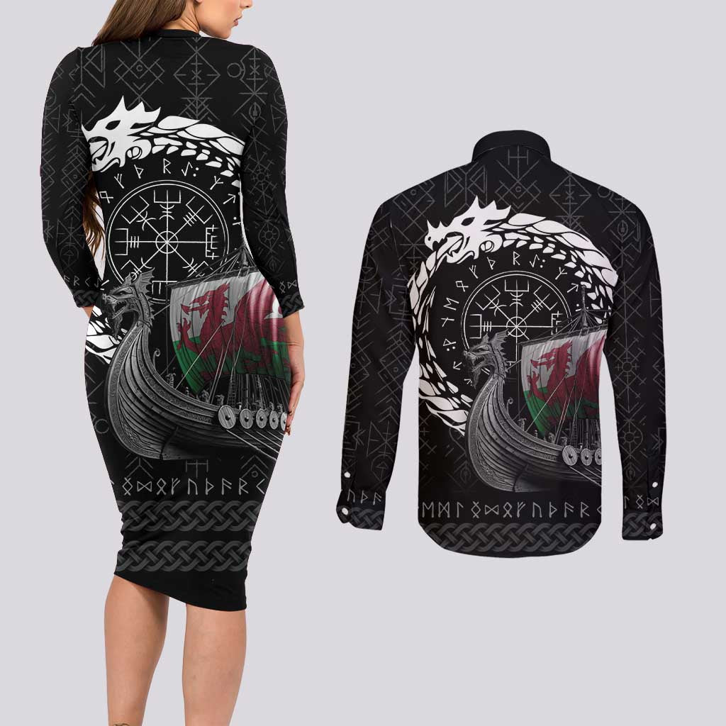 Wales Viking Drakkar Couples Matching Long Sleeve Bodycon Dress and Long Sleeve Button Shirt Viking Blood - Wonder Print Shop