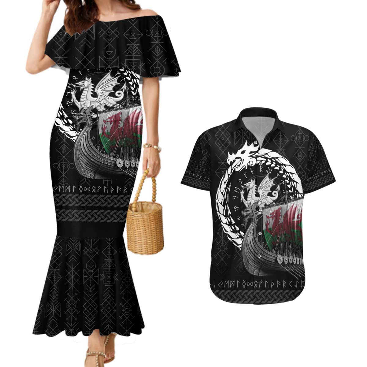 Wales Viking Drakkar Couples Matching Mermaid Dress and Hawaiian Shirt Viking Blood - Wonder Print Shop