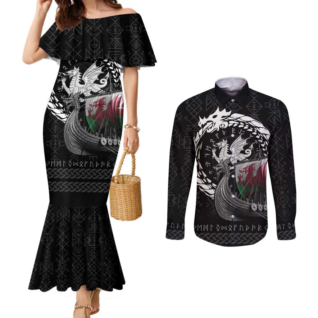 Wales Viking Drakkar Couples Matching Mermaid Dress and Long Sleeve Button Shirt Viking Blood - Wonder Print Shop