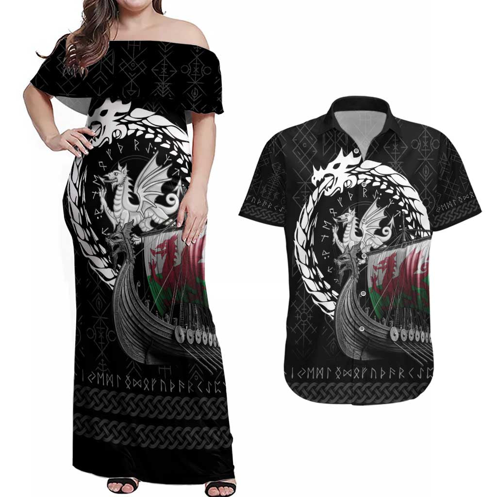 Wales Viking Drakkar Couples Matching Off Shoulder Maxi Dress and Hawaiian Shirt Viking Blood - Wonder Print Shop