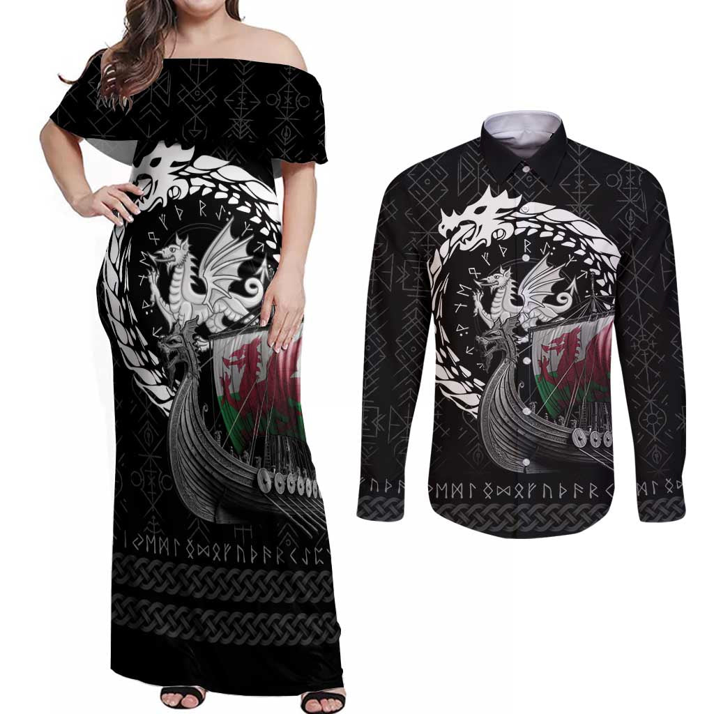 Wales Viking Drakkar Couples Matching Off Shoulder Maxi Dress and Long Sleeve Button Shirt Viking Blood - Wonder Print Shop