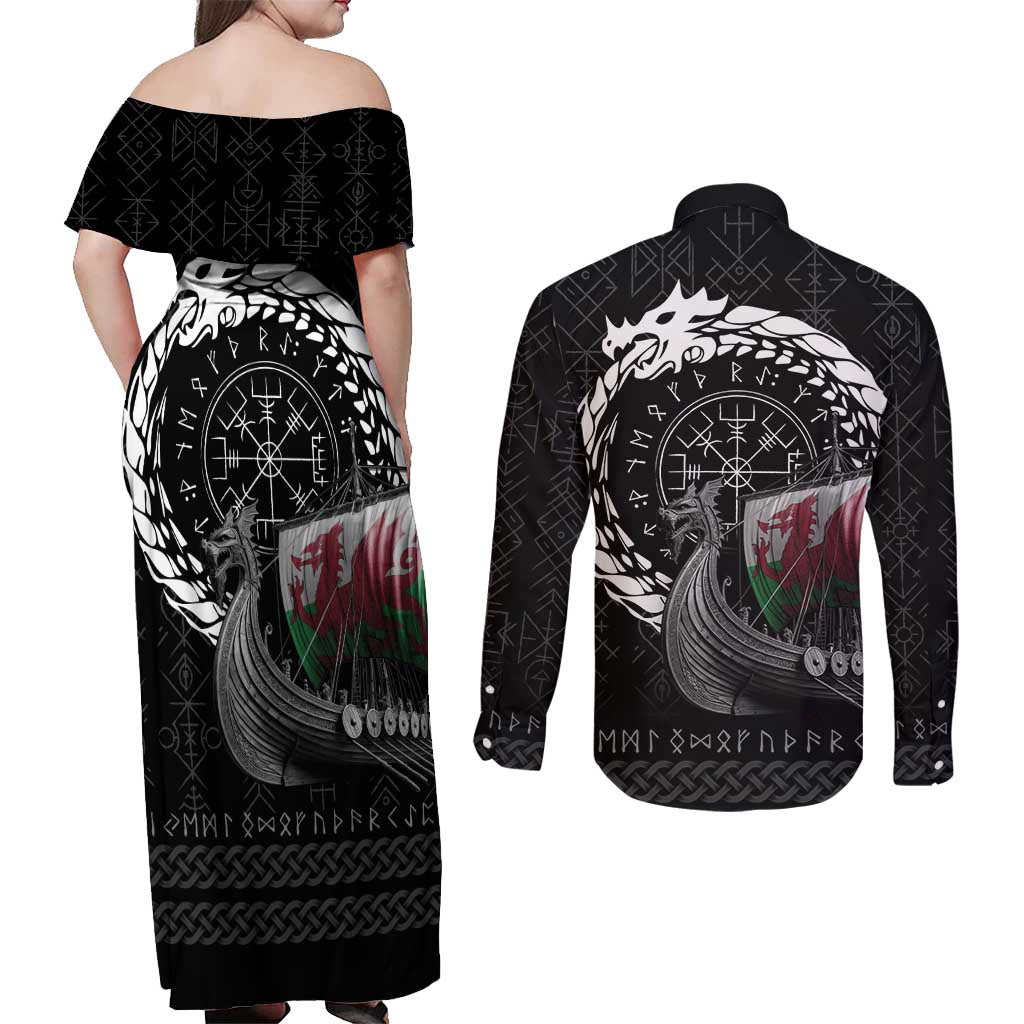 Wales Viking Drakkar Couples Matching Off Shoulder Maxi Dress and Long Sleeve Button Shirt Viking Blood - Wonder Print Shop