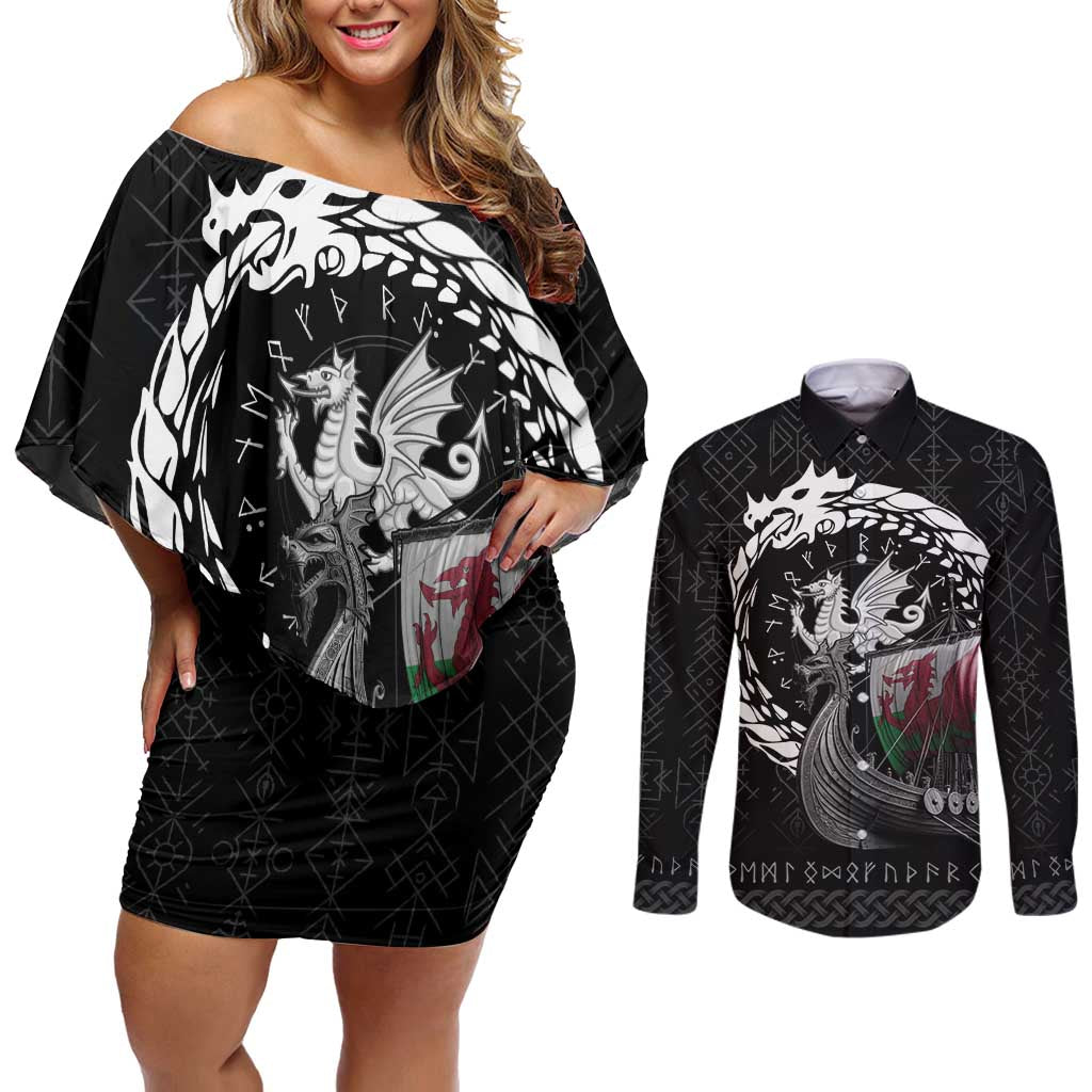 Wales Viking Drakkar Couples Matching Off Shoulder Short Dress and Long Sleeve Button Shirt Viking Blood - Wonder Print Shop