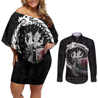 Wales Viking Drakkar Couples Matching Off Shoulder Short Dress and Long Sleeve Button Shirt Viking Blood - Wonder Print Shop
