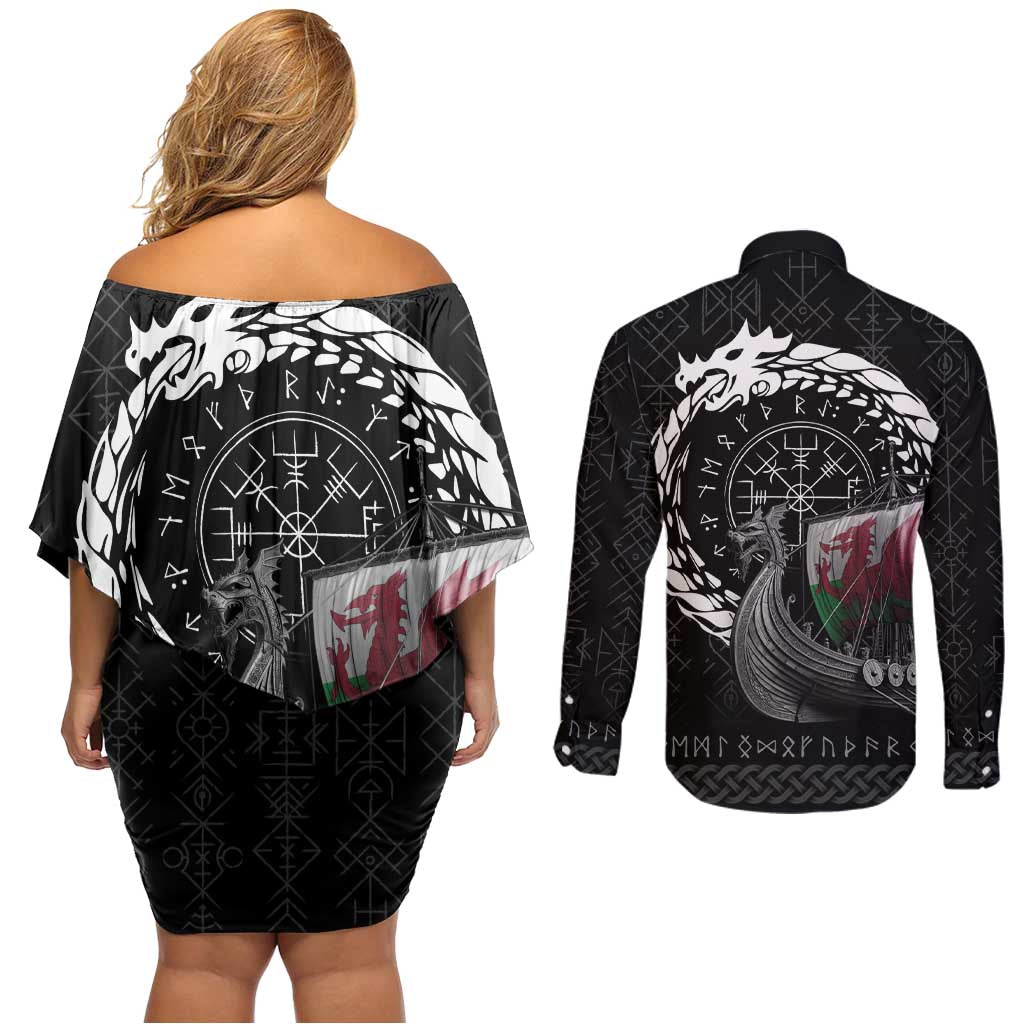Wales Viking Drakkar Couples Matching Off Shoulder Short Dress and Long Sleeve Button Shirt Viking Blood - Wonder Print Shop