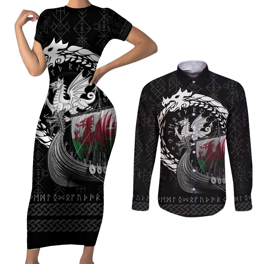 Wales Viking Drakkar Couples Matching Short Sleeve Bodycon Dress and Long Sleeve Button Shirt Viking Blood - Wonder Print Shop