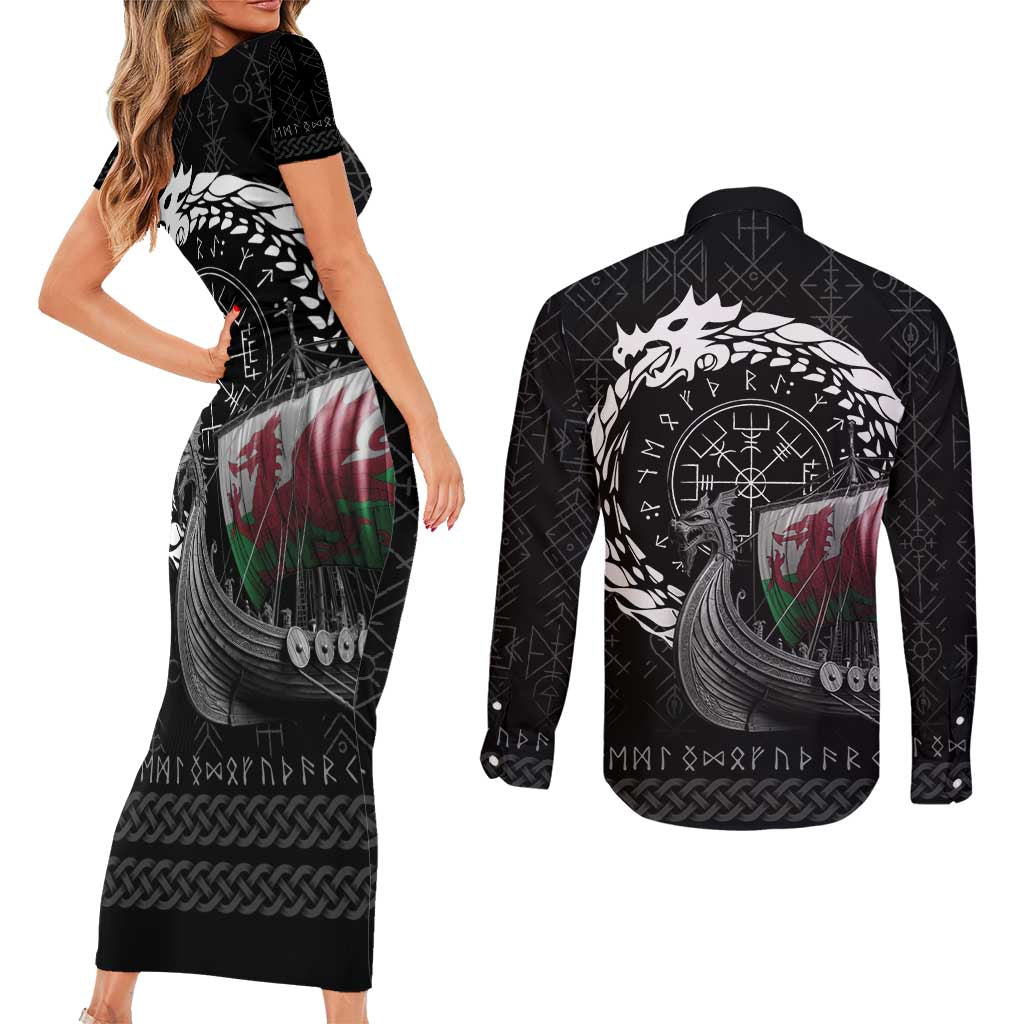 Wales Viking Drakkar Couples Matching Short Sleeve Bodycon Dress and Long Sleeve Button Shirt Viking Blood - Wonder Print Shop