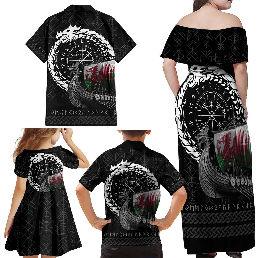 Wales Viking Drakkar Family Matching Off Shoulder Maxi Dress and Hawaiian Shirt Viking Blood - Wonder Print Shop