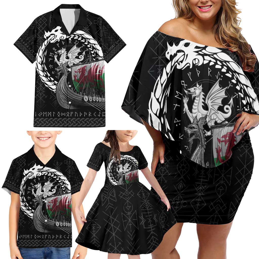 Wales Viking Drakkar Family Matching Off Shoulder Short Dress and Hawaiian Shirt Viking Blood - Wonder Print Shop