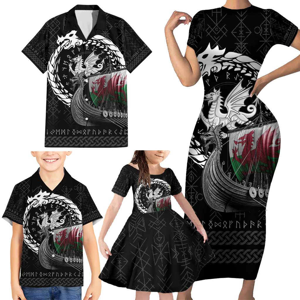 Wales Viking Drakkar Family Matching Short Sleeve Bodycon Dress and Hawaiian Shirt Viking Blood - Wonder Print Shop