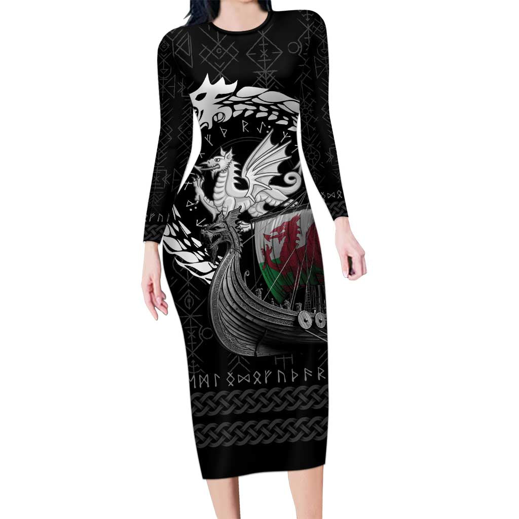 Wales Viking Drakkar Long Sleeve Bodycon Dress Viking Blood - Wonder Print Shop