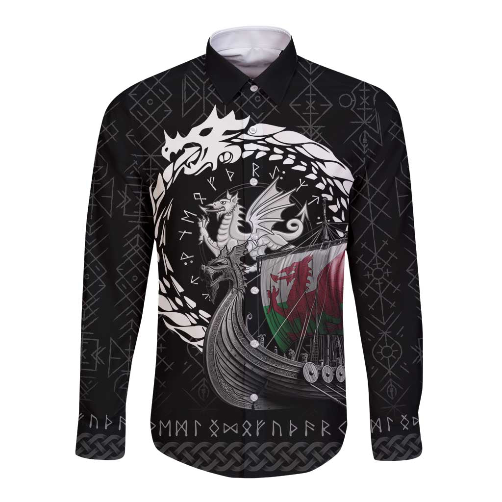 Wales Viking Drakkar Long Sleeve Button Shirt Viking Blood - Wonder Print Shop