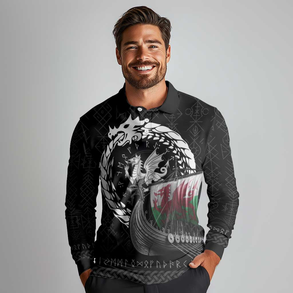 Wales Viking Drakkar Long Sleeve Polo Shirt Viking Blood - Wonder Print Shop