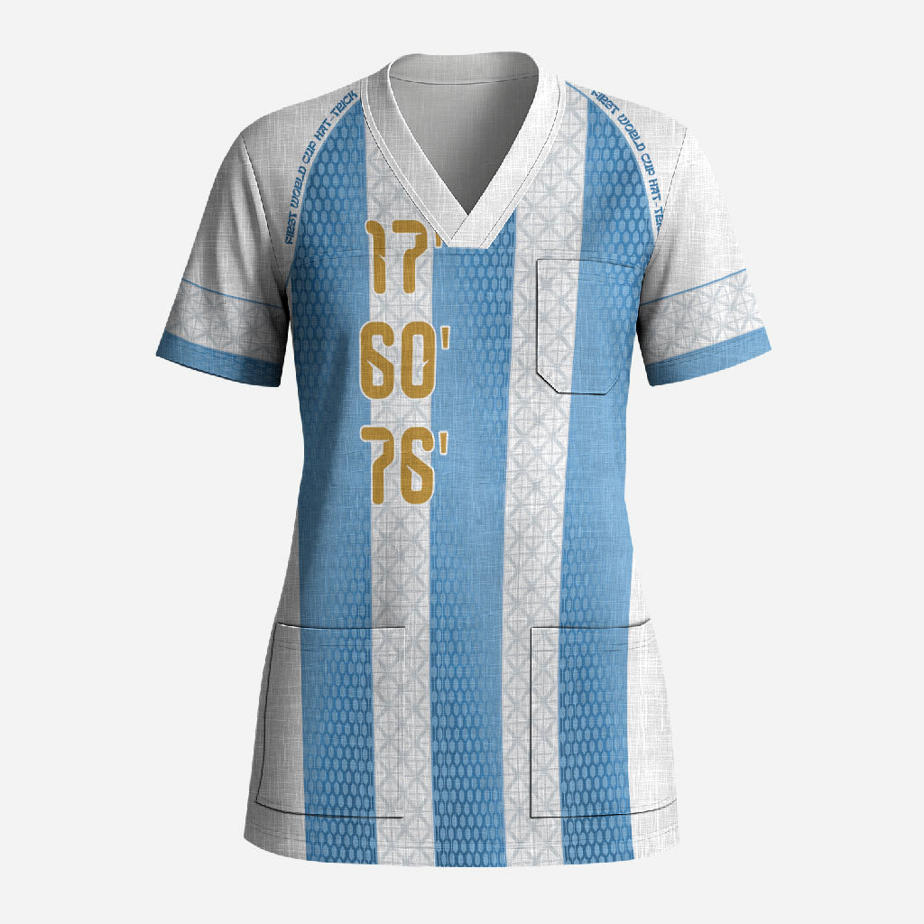Argentina Hattrick WC26 Custom Scrub Top Triple Strike Football Albiceleste Fan