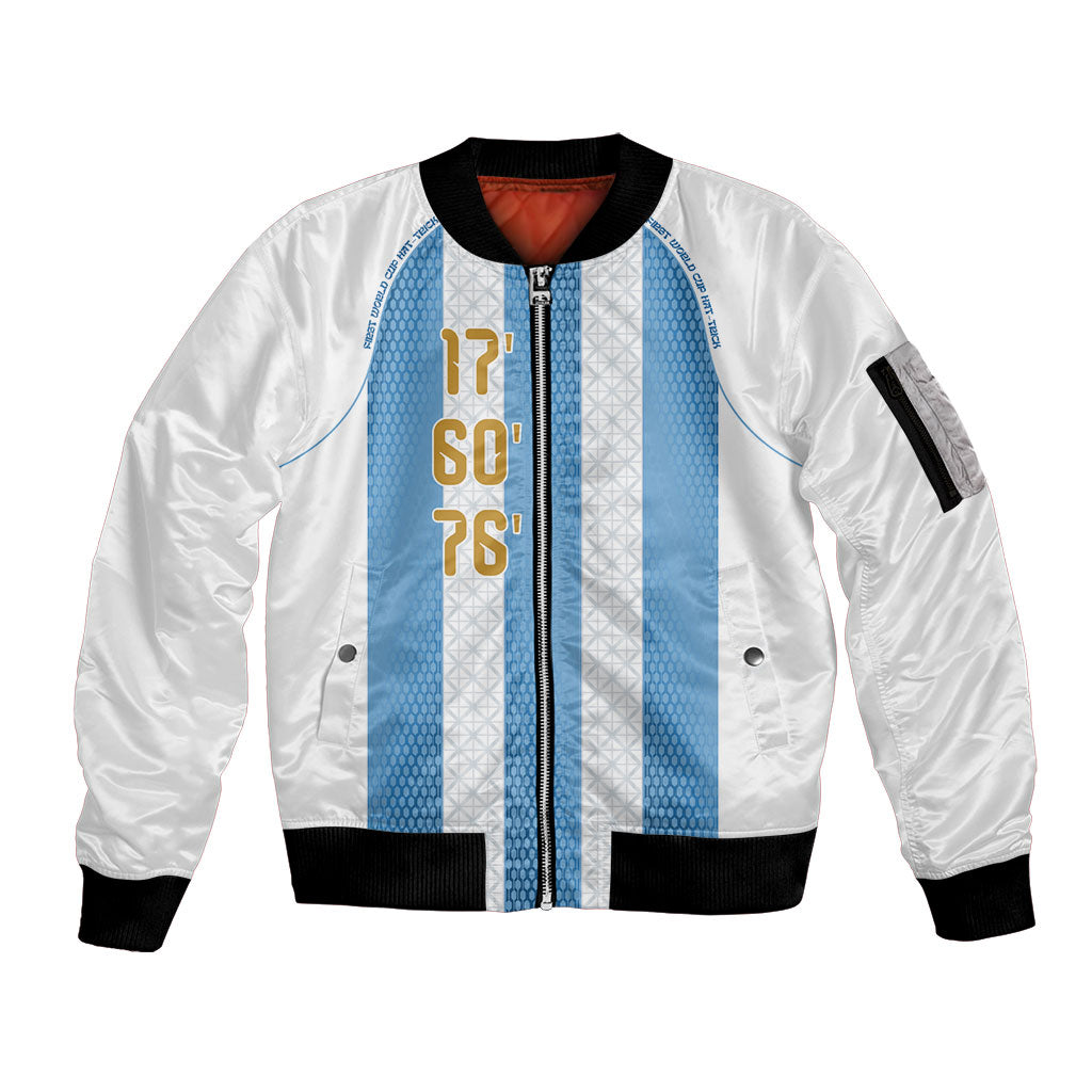 Argentina Hattrick WC26 Custom Sleeve Zip Bomber Jacket Triple Strike Football Albiceleste Fan