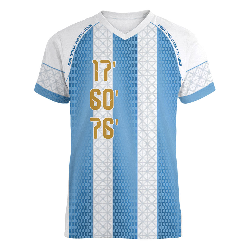Argentina Hattrick WC26 Custom Women V-Neck T-Shirt Triple Strike Football Albiceleste Fan