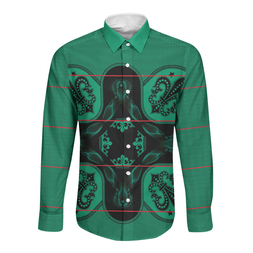 Bafokeng Rabbit Crown Palesa ea kharanium Long Sleeve Button Shirt Green Seanamarena Basotho Blanket Inspired