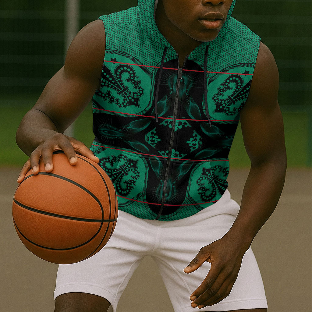 Bafokeng Rabbit Crown Palesa ea kharanium Sleeveless Zip Hoodie Green Seanamarena Basotho Blanket Inspired