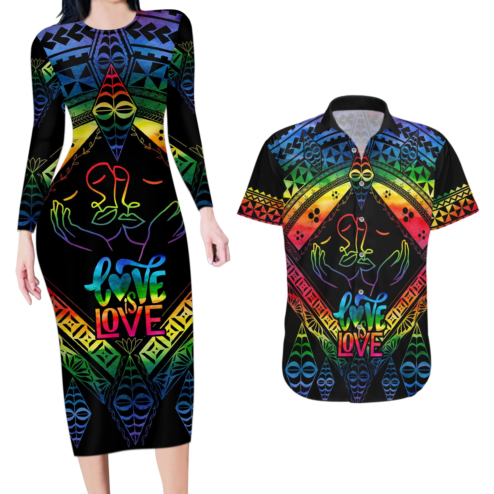 Tonga LGBT Couples Matching Long Sleeve Bodycon Dress and Hawaiian Shirt Love Is Love Ngatu Rainbow Water Color LT9 - Wonder Print Shop