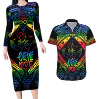 Tonga LGBT Couples Matching Long Sleeve Bodycon Dress and Hawaiian Shirt Love Is Love Ngatu Rainbow Water Color LT9 - Wonder Print Shop