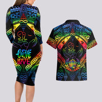 Tonga LGBT Couples Matching Long Sleeve Bodycon Dress and Hawaiian Shirt Love Is Love Ngatu Rainbow Water Color LT9 - Wonder Print Shop