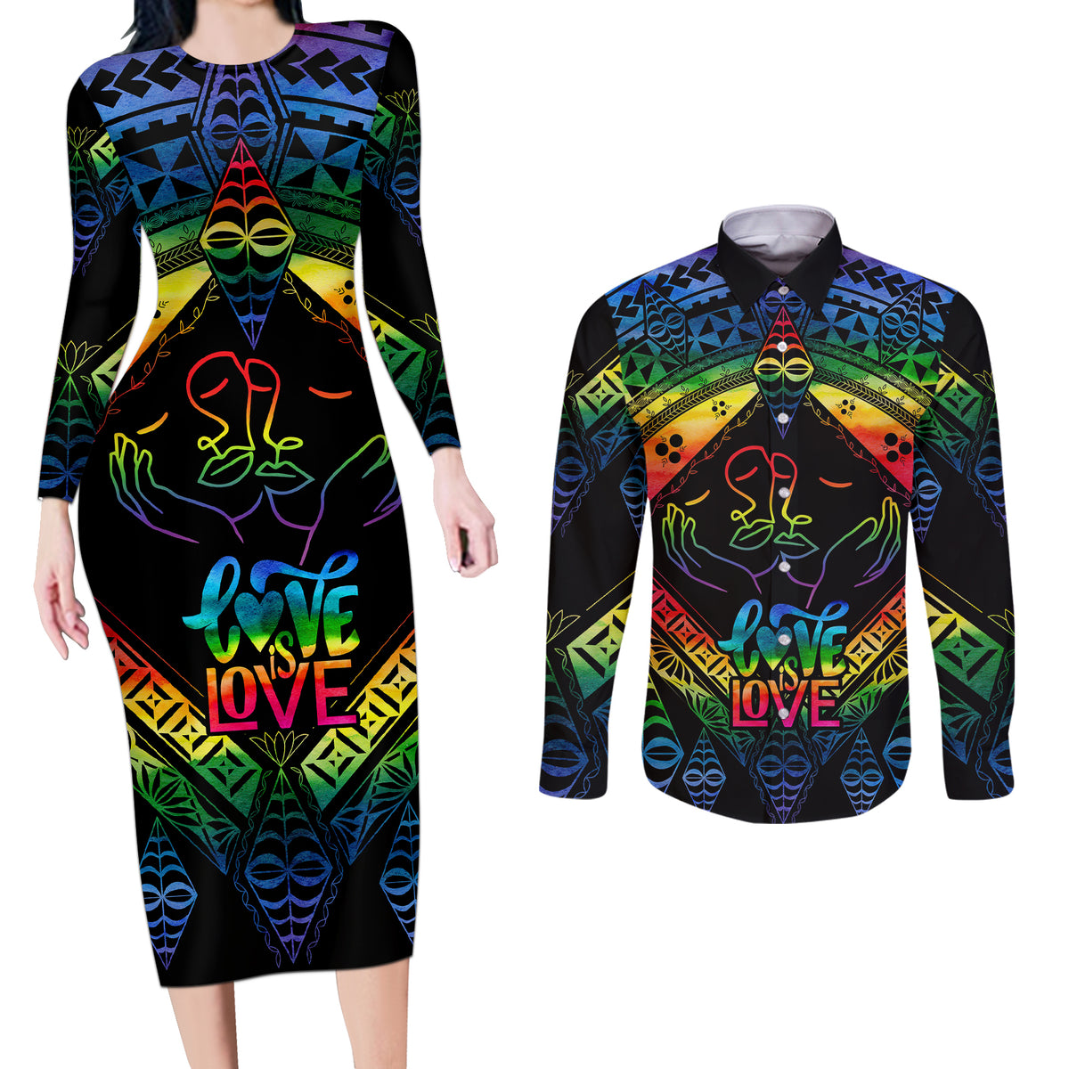 Tonga LGBT Couples Matching Long Sleeve Bodycon Dress and Long Sleeve Button Shirts Love Is Love Ngatu Rainbow Water Color LT9 - Wonder Print Shop