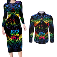 Tonga LGBT Couples Matching Long Sleeve Bodycon Dress and Long Sleeve Button Shirts Love Is Love Ngatu Rainbow Water Color LT9 - Wonder Print Shop