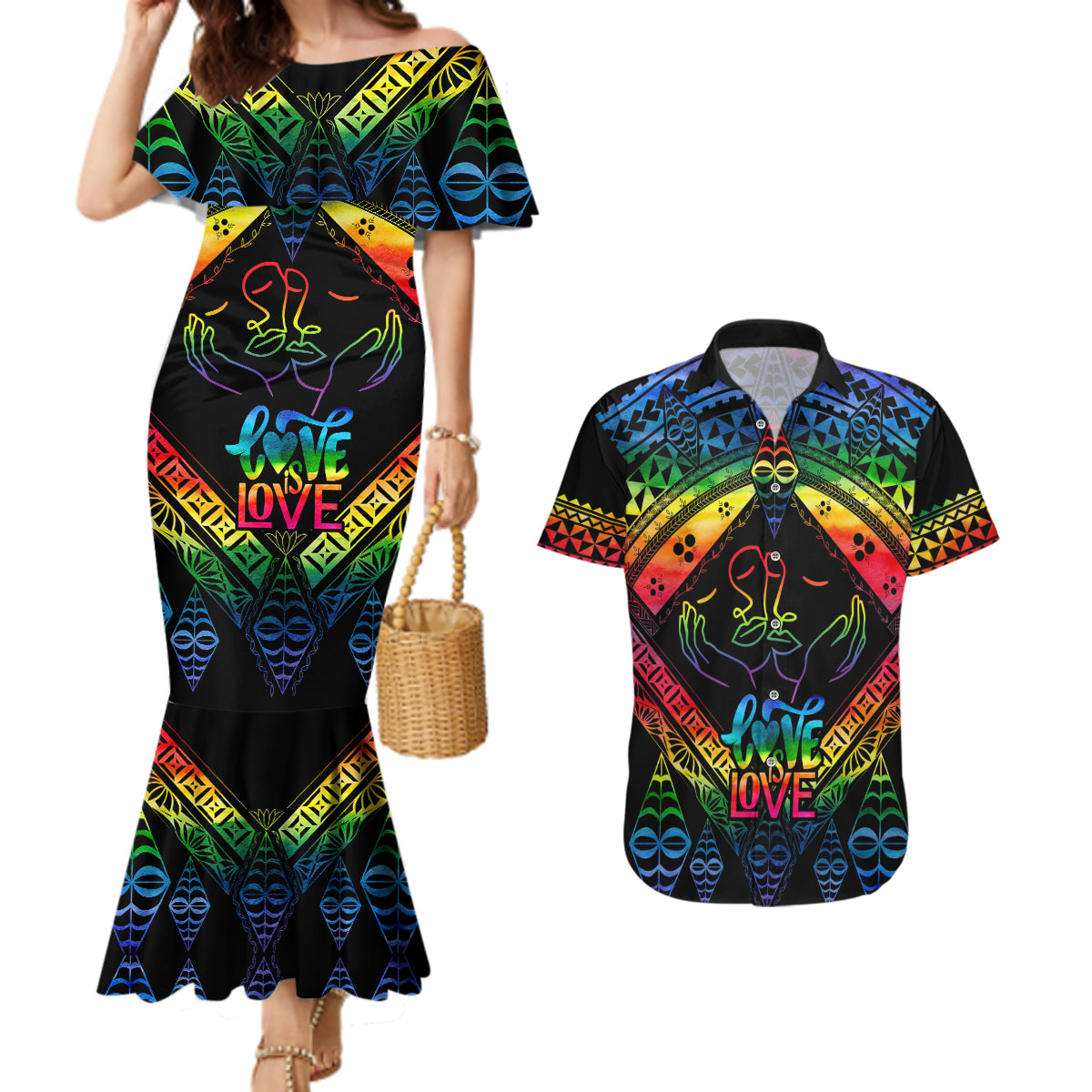 Tonga LGBT Couples Matching Mermaid Dress and Hawaiian Shirt Love Is Love Ngatu Rainbow Water Color LT9 - Wonder Print Shop