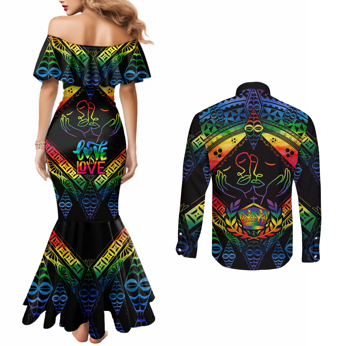 tonga-lgbt-couples-matching-mermaid-dress-and-long-sleeve-button-shirts-love-is-love-ngatu-rainbow-water-color