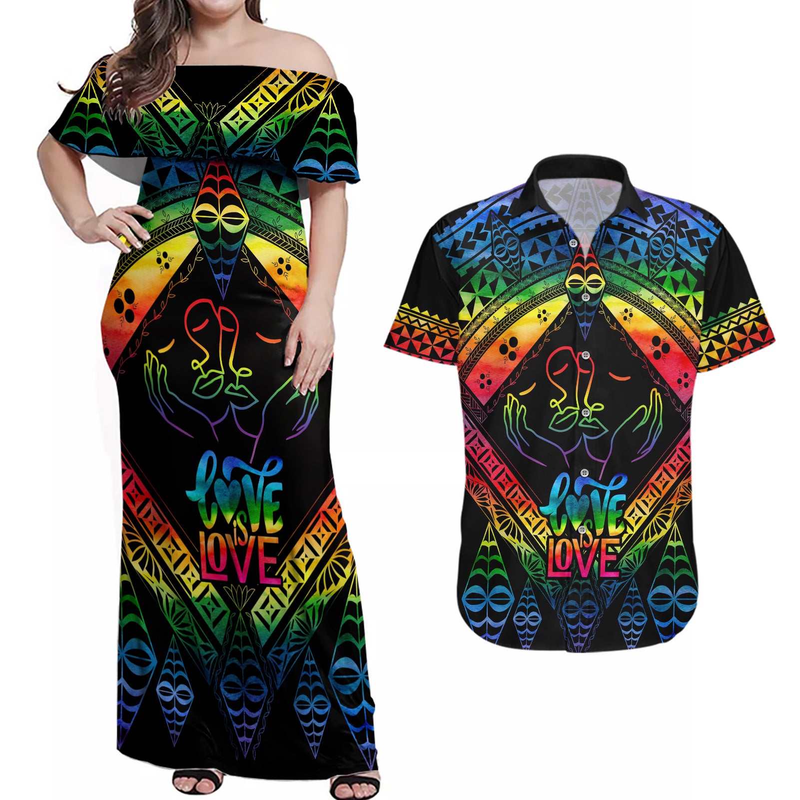 Tonga LGBT Couples Matching Off Shoulder Maxi Dress and Hawaiian Shirt Love Is Love Ngatu Rainbow Water Color LT9 - Wonder Print Shop