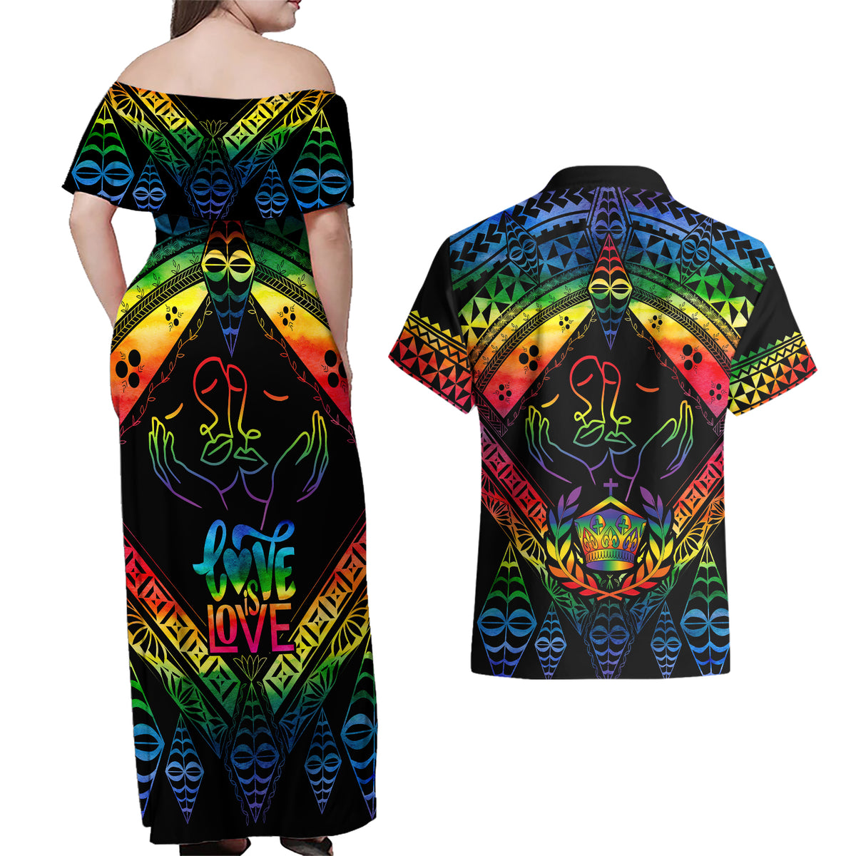Tonga LGBT Couples Matching Off Shoulder Maxi Dress and Hawaiian Shirt Love Is Love Ngatu Rainbow Water Color LT9 - Wonder Print Shop