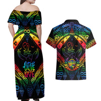 Tonga LGBT Couples Matching Off Shoulder Maxi Dress and Hawaiian Shirt Love Is Love Ngatu Rainbow Water Color LT9 - Wonder Print Shop