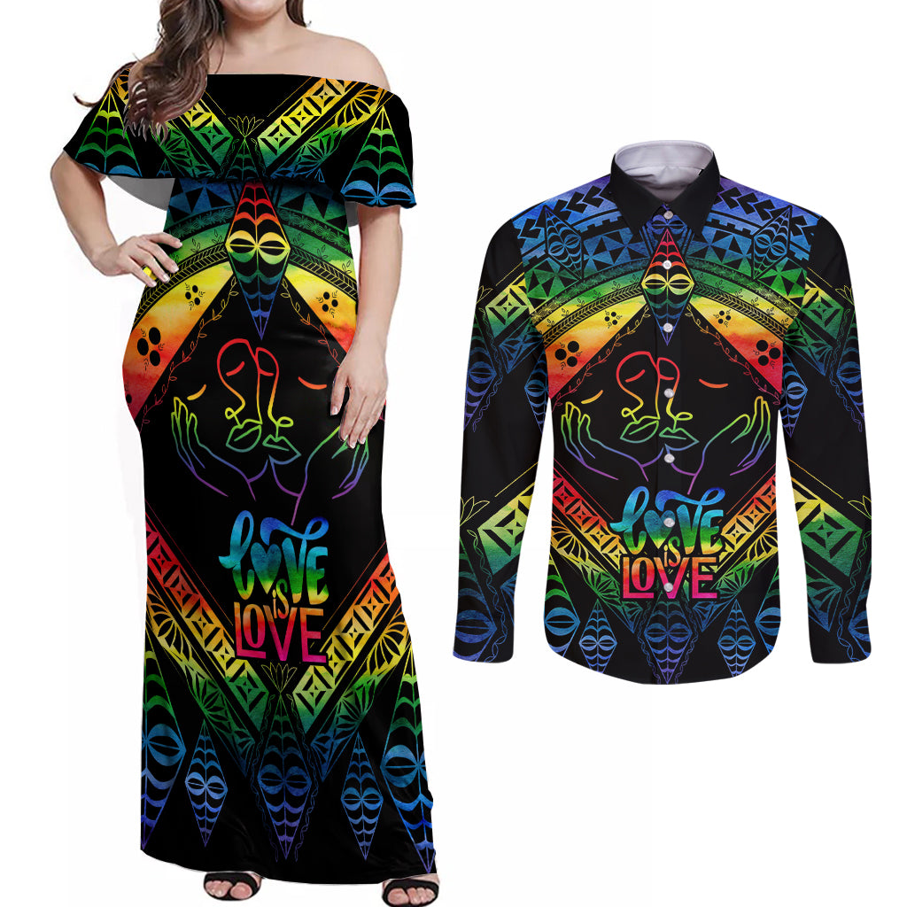 Tonga LGBT Couples Matching Off Shoulder Maxi Dress and Long Sleeve Button Shirts Love Is Love Ngatu Rainbow Water Color LT9 - Wonder Print Shop