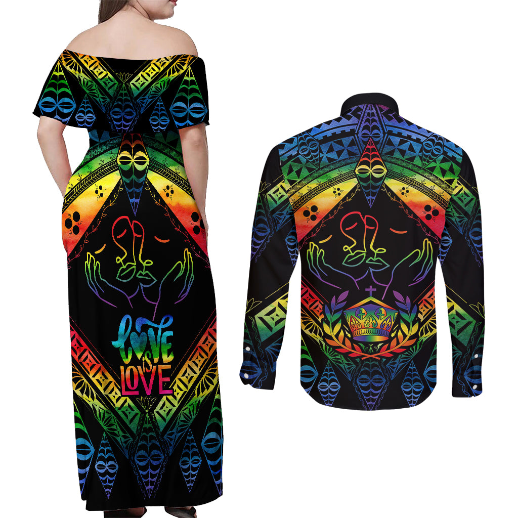 Tonga LGBT Couples Matching Off Shoulder Maxi Dress and Long Sleeve Button Shirts Love Is Love Ngatu Rainbow Water Color LT9 - Wonder Print Shop