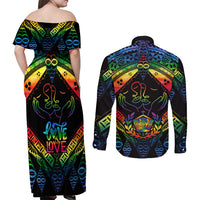Tonga LGBT Couples Matching Off Shoulder Maxi Dress and Long Sleeve Button Shirts Love Is Love Ngatu Rainbow Water Color LT9 - Wonder Print Shop