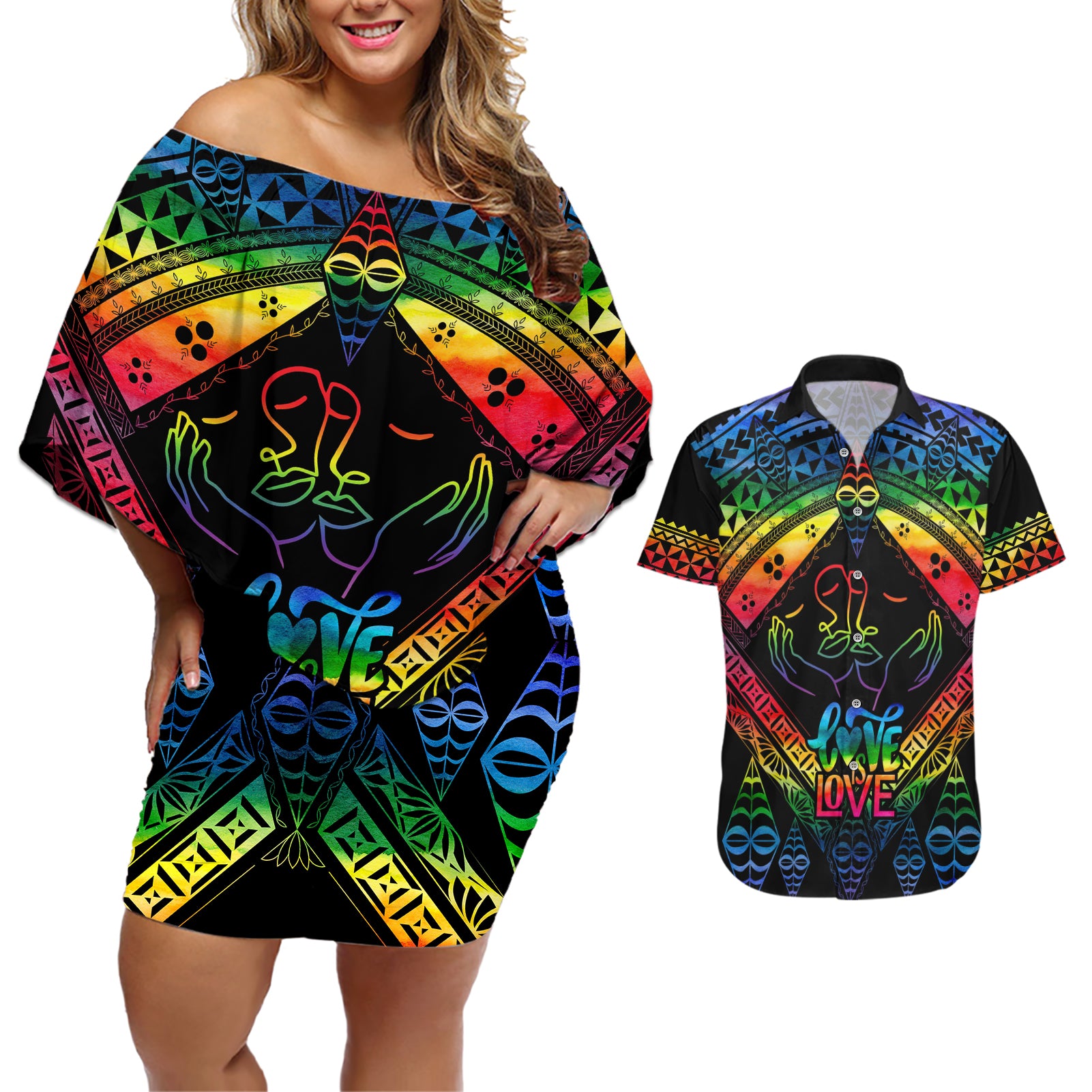 Tonga LGBT Couples Matching Off Shoulder Short Dress and Hawaiian Shirt Love Is Love Ngatu Rainbow Water Color LT9 - Wonder Print Shop