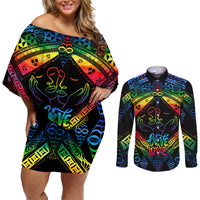 Tonga LGBT Couples Matching Off Shoulder Short Dress and Long Sleeve Button Shirts Love Is Love Ngatu Rainbow Water Color LT9 - Wonder Print Shop