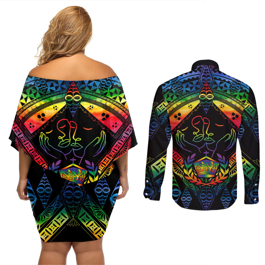 Tonga LGBT Couples Matching Off Shoulder Short Dress and Long Sleeve Button Shirts Love Is Love Ngatu Rainbow Water Color LT9 - Wonder Print Shop