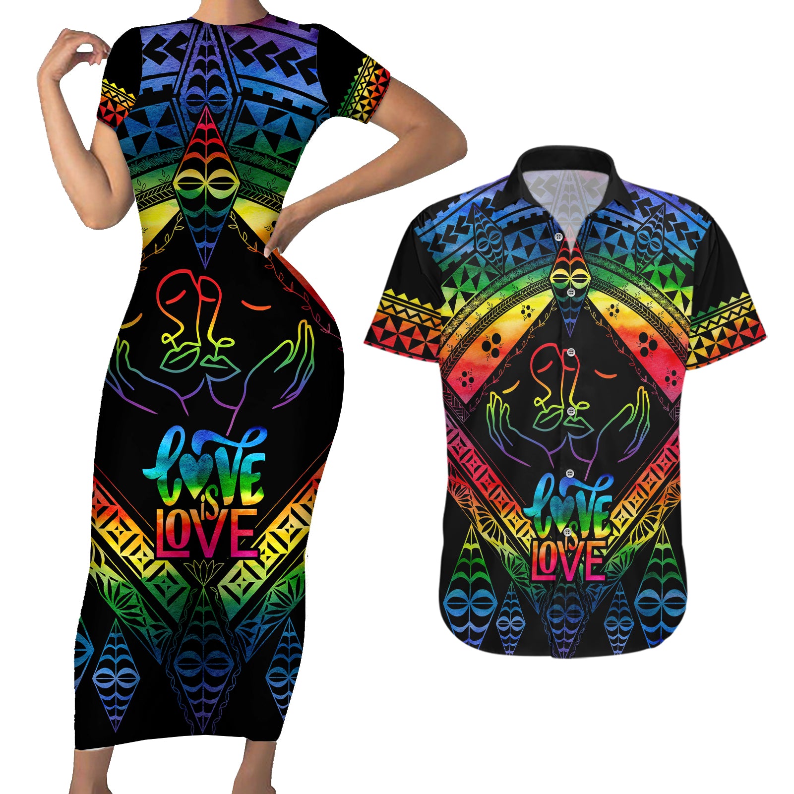 Tonga LGBT Couples Matching Short Sleeve Bodycon Dress and Hawaiian Shirt Love Is Love Ngatu Rainbow Water Color LT9 - Wonder Print Shop