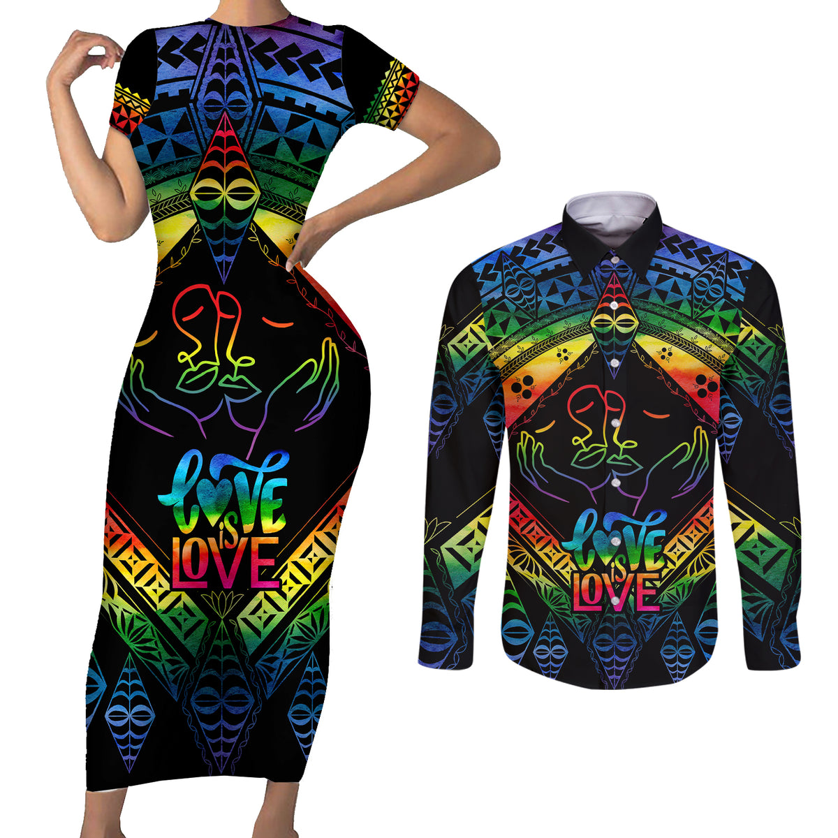 Tonga LGBT Couples Matching Short Sleeve Bodycon Dress and Long Sleeve Button Shirts Love Is Love Ngatu Rainbow Water Color LT9 - Wonder Print Shop
