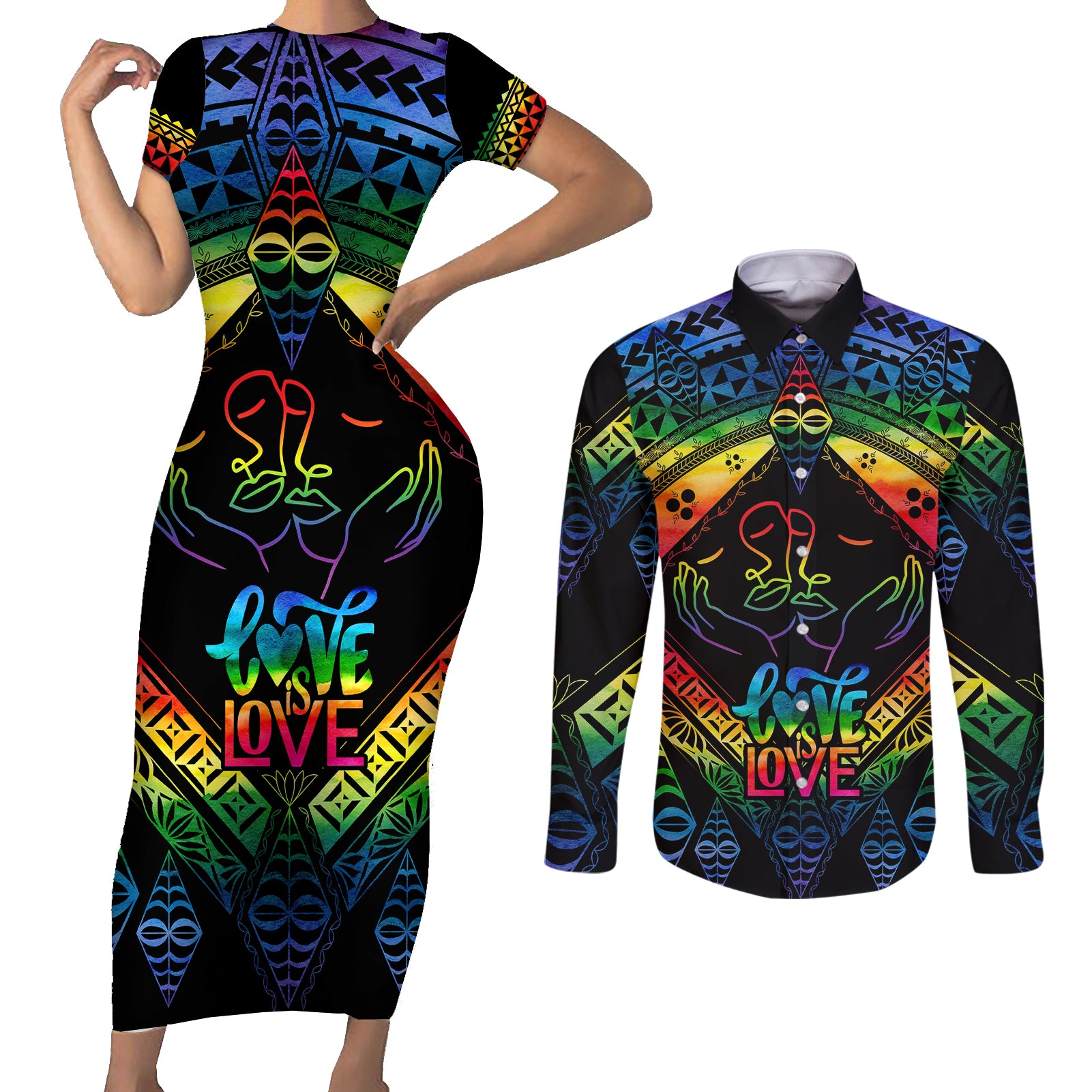 Tonga LGBT Couples Matching Short Sleeve Bodycon Dress and Long Sleeve Button Shirts Love Is Love Ngatu Rainbow Water Color LT9 - Wonder Print Shop