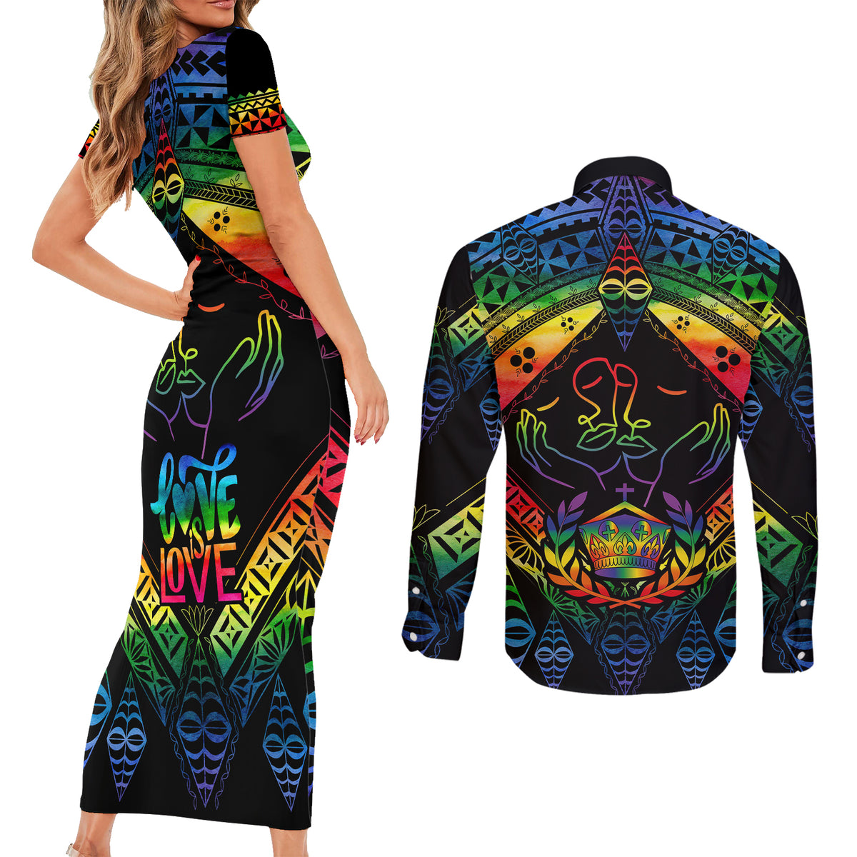 Tonga LGBT Couples Matching Short Sleeve Bodycon Dress and Long Sleeve Button Shirts Love Is Love Ngatu Rainbow Water Color LT9 - Wonder Print Shop