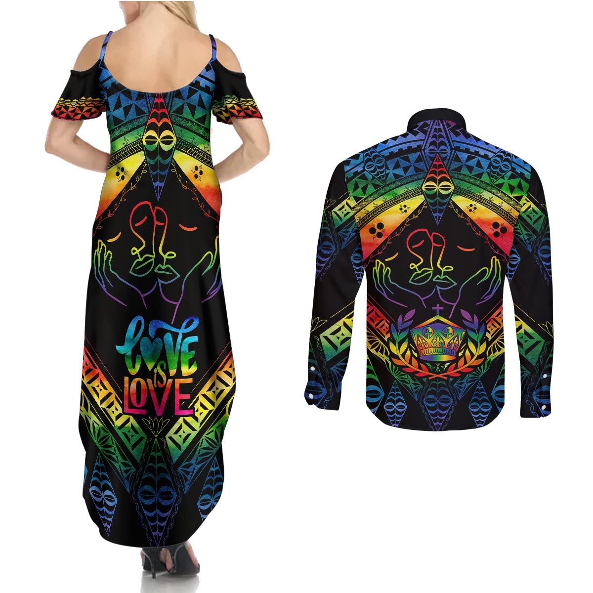Tonga LGBT Couples Matching Summer Maxi Dress and Long Sleeve Button Shirts Love Is Love Ngatu Rainbow Water Color LT9 - Wonder Print Shop
