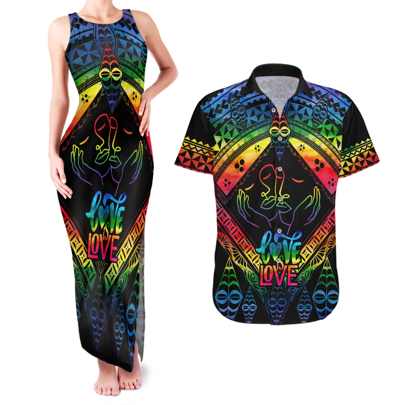 Tonga LGBT Couples Matching Tank Maxi Dress and Hawaiian Shirt Love Is Love Ngatu Rainbow Water Color LT9 - Wonder Print Shop