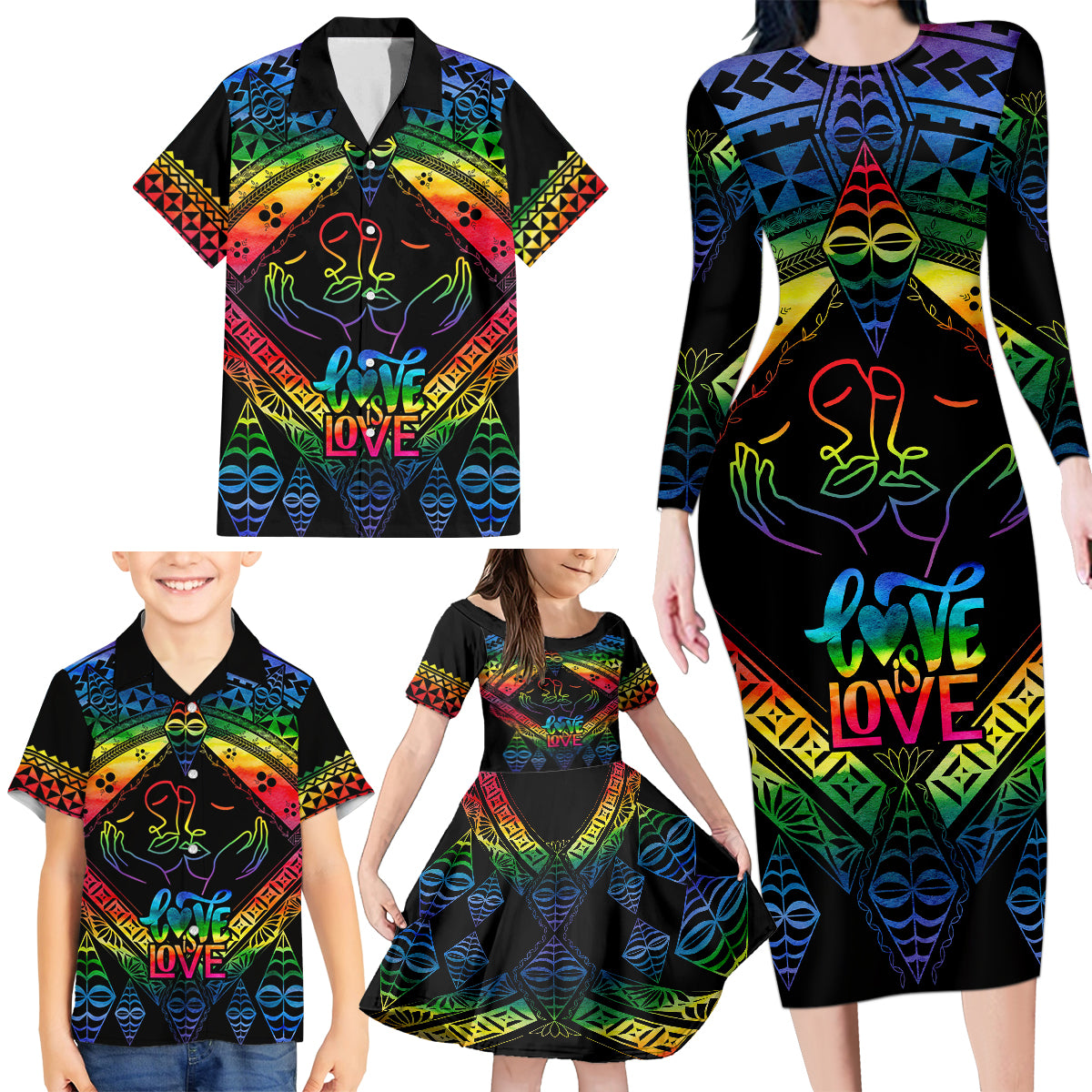 Tonga LGBT Family Matching Long Sleeve Bodycon Dress and Hawaiian Shirt Love Is Love Ngatu Rainbow Water Color LT9 - Wonder Print Shop