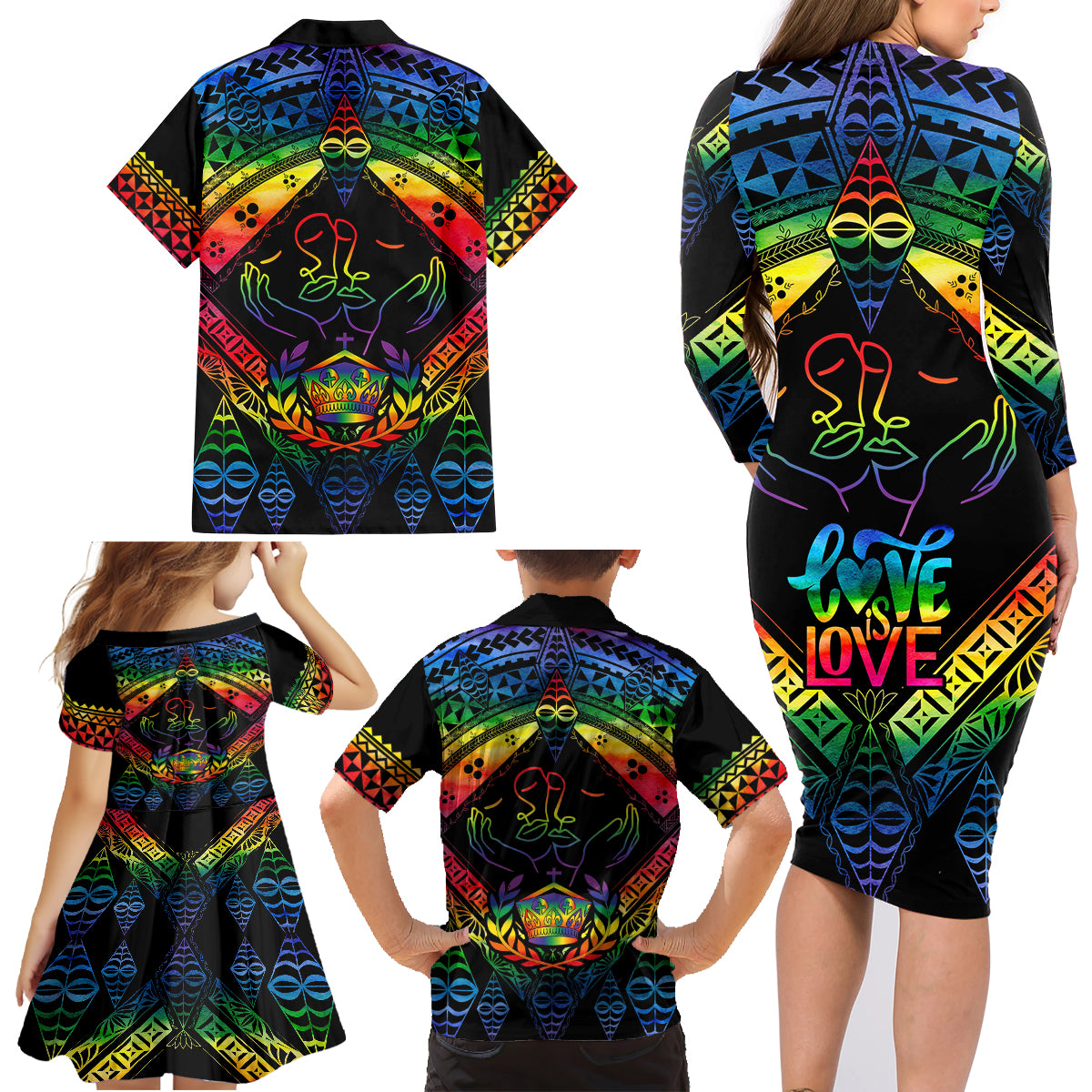 Tonga LGBT Family Matching Long Sleeve Bodycon Dress and Hawaiian Shirt Love Is Love Ngatu Rainbow Water Color LT9 - Wonder Print Shop