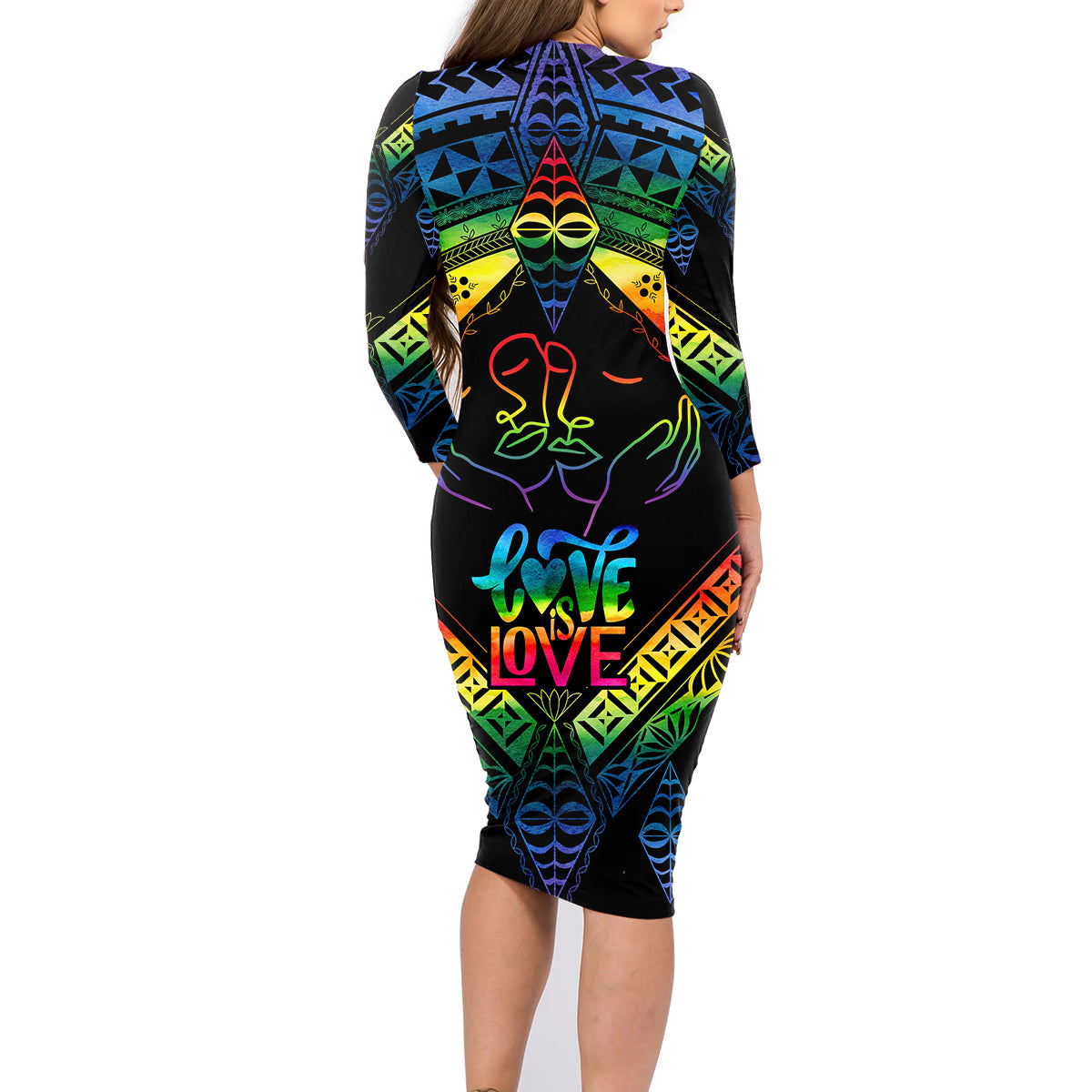 Tonga LGBT Family Matching Long Sleeve Bodycon Dress and Hawaiian Shirt Love Is Love Ngatu Rainbow Water Color LT9 - Wonder Print Shop