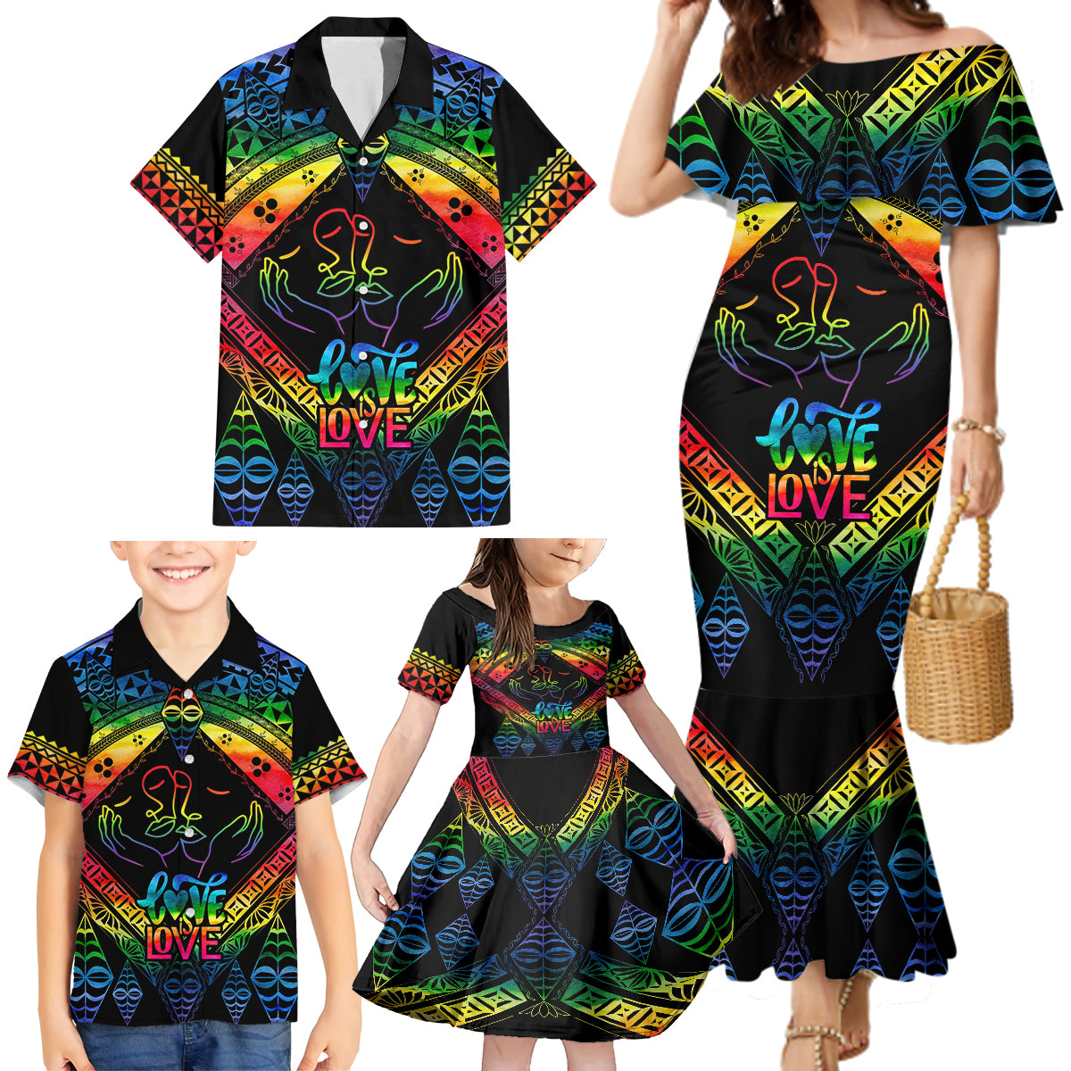 Tonga LGBT Family Matching Mermaid Dress and Hawaiian Shirt Love Is Love Ngatu Rainbow Water Color LT9 - Wonder Print Shop